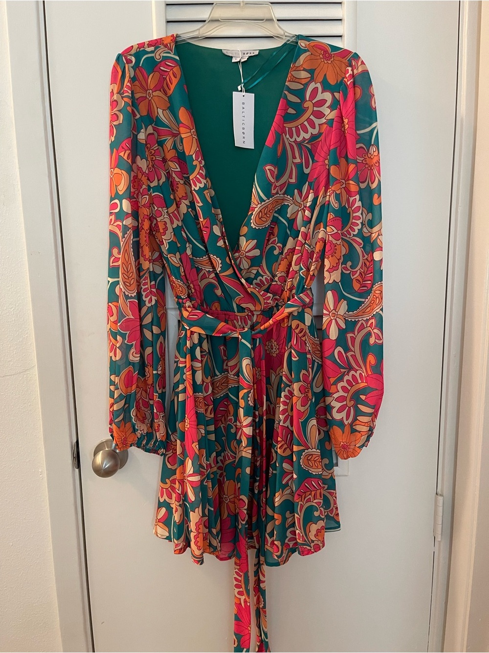 Baltic Born Teal Floral Wrap Dress with Pink & Orange Accents